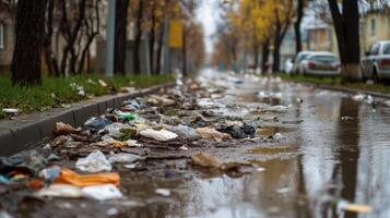 Urban Pollution. A City Street Overflowing With Trash photo