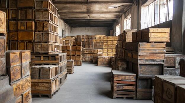 Vintage Wooden Crates in a Large Warehouse photo