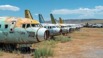 Row of Abandoned Vintage Airplanes in a Desert Landscape photo