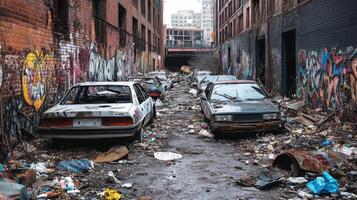 Urban Decay Alleyway - Abandoned Cars and Graffiti photo