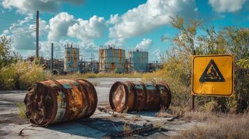 Abandoned Industrial Site with Rusty Tanks and Warning Signs photo