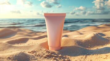 Trash Bin on the Shore of Tranquil Beach and Clear Waters photo