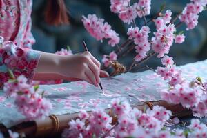 A woman is painting a cherry blossom on a scroll photo
