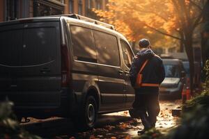 A man walking down a street with a van photo