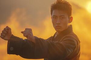 A young man in a black jacket is doing a martial pose photo
