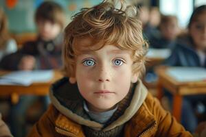 A young boy with blue eyes sitting at a desk photo