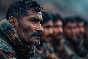 A man in camouflage is looking at the camera photo