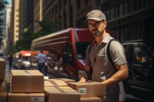 A man in a grey shirt and cap is standing in front of boxes photo