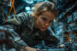 A woman in military uniform working on a computer photo