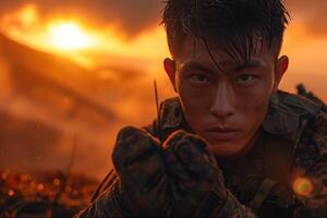 A man in military uniform is holding a gun photo