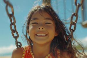 A girl smiling on a swing photo