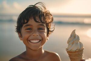 A boy smiles while holding an ice cream cone photo