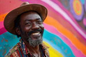 A man with a hat and a smile in front of a colorful wall photo