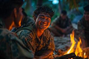 A soldier smiles while sitting by a campfire photo