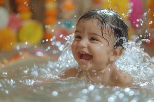 A baby is splashing in the water photo