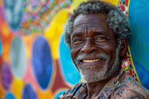 A smiling man in front of a colorful wall photo