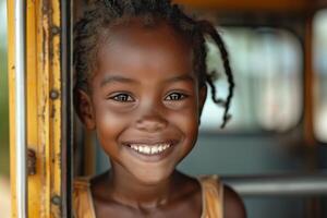 A young girl smiles while sitting on a yellow bus photo