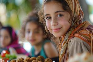 A young girl smiles while sitting at a table with food photo