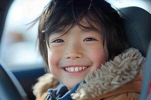 A young boy smiles while sitting in the driver's seat photo