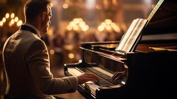 A man in a tuxedo is playing the piano photo
