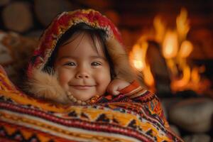 A little girl in a blanket by a fireplace photo