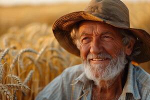 An older man in a hat and shirt in a field photo