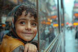A young boy looking out the window of a bus photo