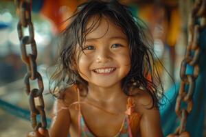 A young girl is smiling while sitting on a swing photo