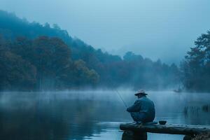 A man sitting on a dock fishing in the fog photo