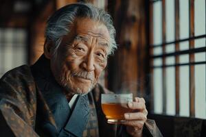 An old man in a kimono holding a cup of tea photo