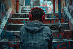 A man wearing headphones sits on stairs with graffiti photo