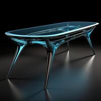 A futuristic table with a blue glass top photo