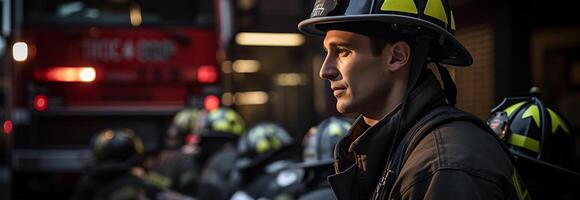 A firefighter is standing in front of a fire truck photo