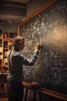 A man writing on a blackboard in front of a desk photo