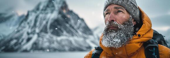 A man with a beard and a winter jacket standing in front of a mountain photo