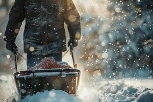 A man is pulling a sled through the snow photo