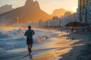 A man running on the beach at sunset photo