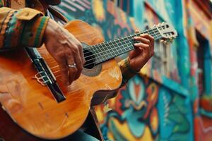 A man playing an acoustic guitar in front of a colorful wall photo