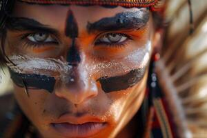 A man with painted face and feathers on his head photo