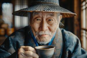 An old man in a hat drinking tea photo