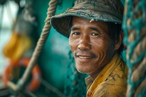 A man wearing a hat smiles while sitting on a boat photo