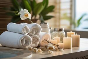 A table with towels, candles and flowers photo