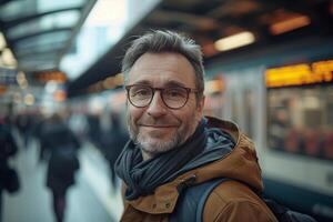 A man with glasses and a scarf standing in front of a train photo
