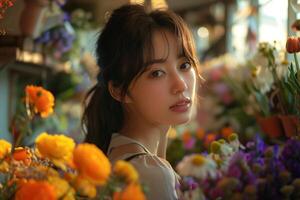 A woman is standing in front of a bunch of flowers photo