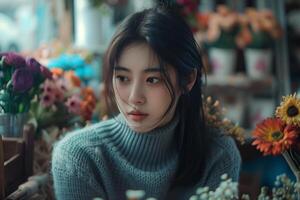 A woman in a sweater sitting in front of flowers photo