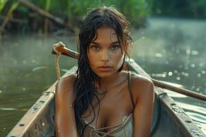 A woman in a canoe on a river photo