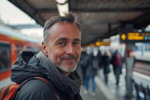 A man with a backpack standing in front of a train photo