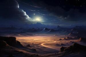 An alien landscape with mountains and a moon in the sky photo