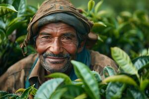 A man smiles while standing in a tea plantation photo