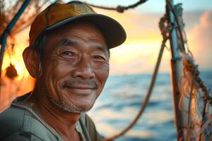 An asian man smiles while sitting on a boat photo